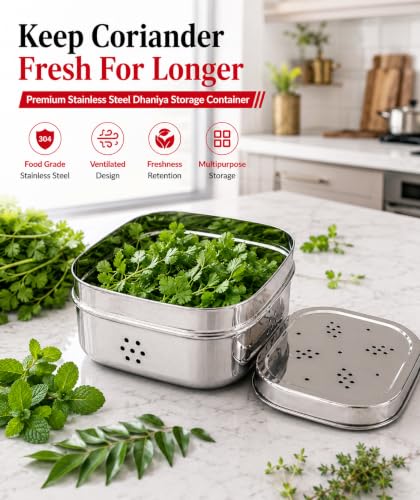 Image of Ajay's Shoppe Stainless Steel Dhaniya Storage Box with Lid (11.7 x 4.5 cm) | Ventilated Kothmir Dibbi, Herb Keeper & Fridge Organizer | Rust-Free