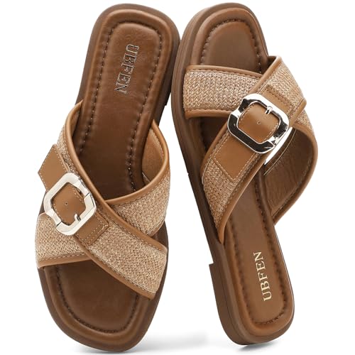 Image of UBFEN Womens Square Toe Flat Sandals Slides Dressy Comfortable for Beach