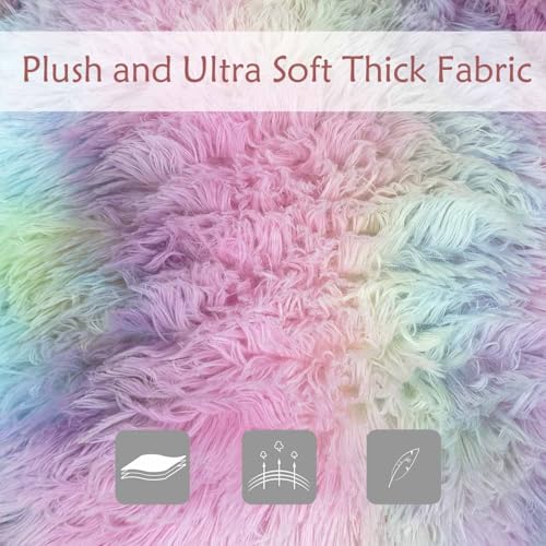Image of Plush Faux Fur Bean Bag Chairs, Memory Foam Filled Sofa Chair Shape Bean Bag for Adults /Teens /Kids, Ultra-Soft Lazy Sofa for Living Room Bedroom College Dorm, Rainbow