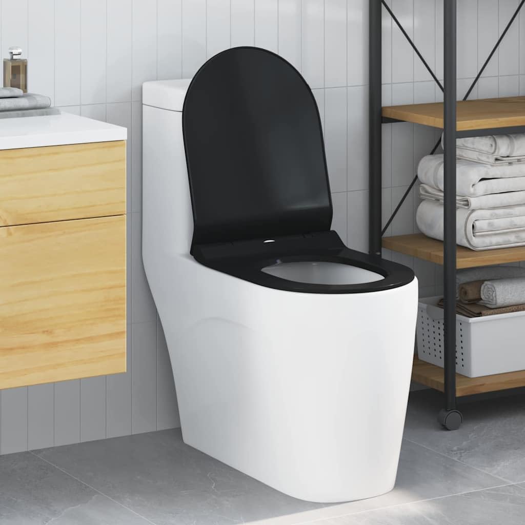 Sedile WC moderno, nero, 48,5 x 36 x 5 cm, in polipropilene con superficie antibatterica e cerniere in acciaio inox, montaggio senza chiave per un'installazione rapida