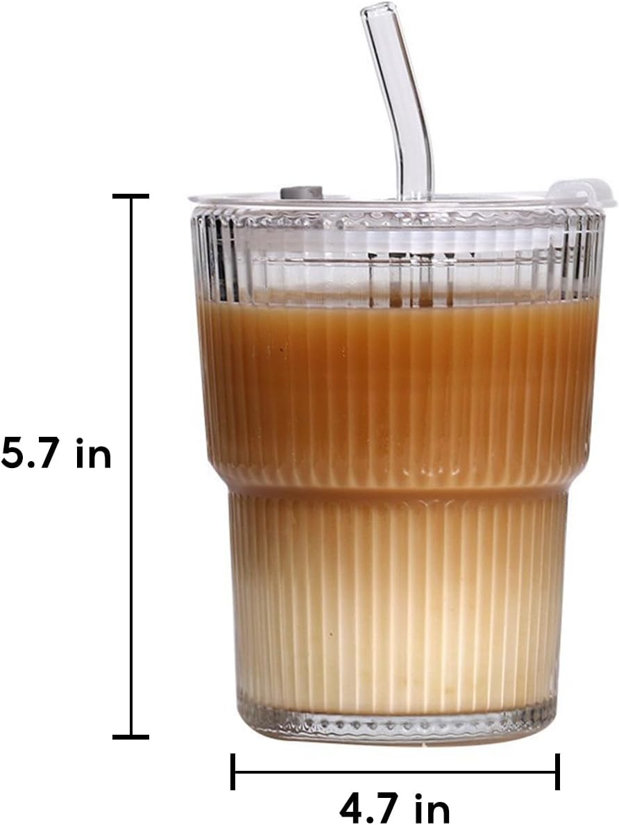 Copos de vidro de 400 ml com tampas e canudos, copos de café gelado com tampas, copo de vidro com nervuras transparentes para café, smoothie, coquetel, chá gelado Copos de vidro de 400 ml com tampas e canudos, copos de café gelado com tampas, copo de vidro com nervuras transparentes para café, smoothie, coquetel, chá gelado