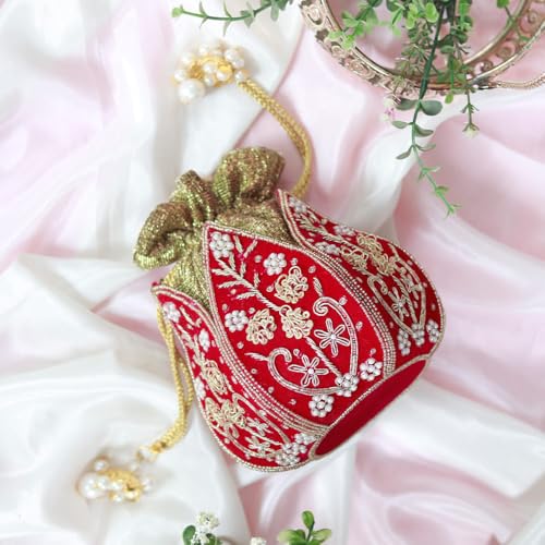 Image of THE TAN CLAN Pushp Zardozi Embroidered Mini Lotus Potli Bag - Handcrafted Silk Pouch with Intricate Zardozi & Lotus Design for Weddings, Bridal Accessories, and Special Occasions