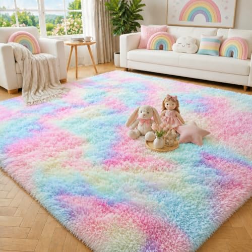 Image of PAGISOFE 4x6 Rainbow Fluffy Soft Plush Area Rugs for Girls Bedroom, Shaggy Vibrant Rugs for Kids Playroom,Kawaii Princess Fuzzy Rugs for Nursery Baby Toddler,Cute Colorful Room Decor for Teenage