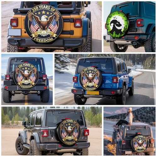 Image of GENANY America Flag Premium PVC Leather Spare Tire Cover, Universal Fit for RV Jeep Camper Trailer, Dustproof, Waterproof Jeep Tire Cover with No Camera Hole, Car Decor