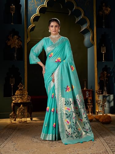 Image of MADHUHANSH Women's Cotton Linen Saree with Unstitched Blouse Piece and Floral Printed Pattern | Women Saree for Special Occasion | Stylish Modern Sarees
