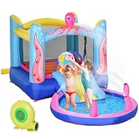 Outsunny 3 in 1 Kids Bouncy Castle with Slide and Pool Trampoline, Inflatable Water Park with Blower for Kids Age 3-8 Octopus Design 3.6 x 1.75 x 1.8m