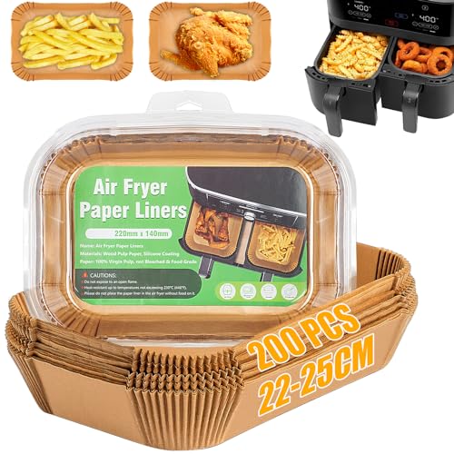 Owelth 22-25cm Papel Freidora Aire Dual Zone, 200 Piezas Papel Air Fryer Rectangular, Antiadherente Desechable Papel Horno Freidora sin Aceite, Compatible con Cecotec Ninja 7,6L 9,5L