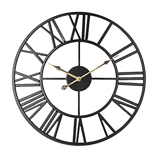 Tyst väggklocka med skelett, Taodyans romerska siffror 40 cm metall vintage stor klocka för vardagsrum kök café hotell kontor sovrum heminredning (svart-guld)
