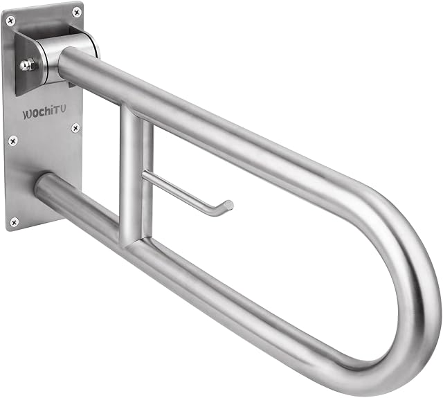 Stainless Toilet Safety Rails, WochiTV Handicap Grab Bars for Elderly, Steel Flip-Up Bathroom Grab Bar with Paper Holder, Stainless Steel Toilet Arms Handicapped Assist Medical Accessories 29.5 INCH