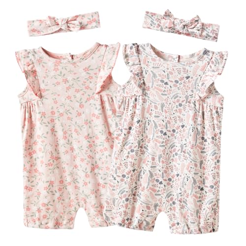 Image of Minicoco Baby Girls Ruffled Sleeve Rompers Toddler Girls Jumpsuits One-Piece Cotton Outfits