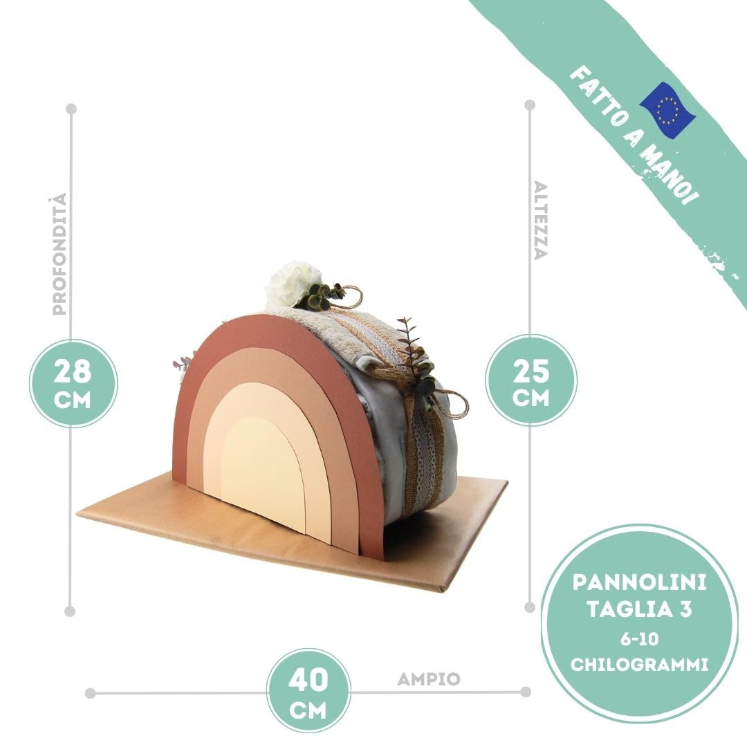 myBambini ®Torta di pannolini Arcobaleno Vintage - Bambini e bambine - Neutro Unisex - Regalo di nascita - Juta - Babyshower- Prodotti per l'infanzia - Pannolini - Acquista la torta adesso