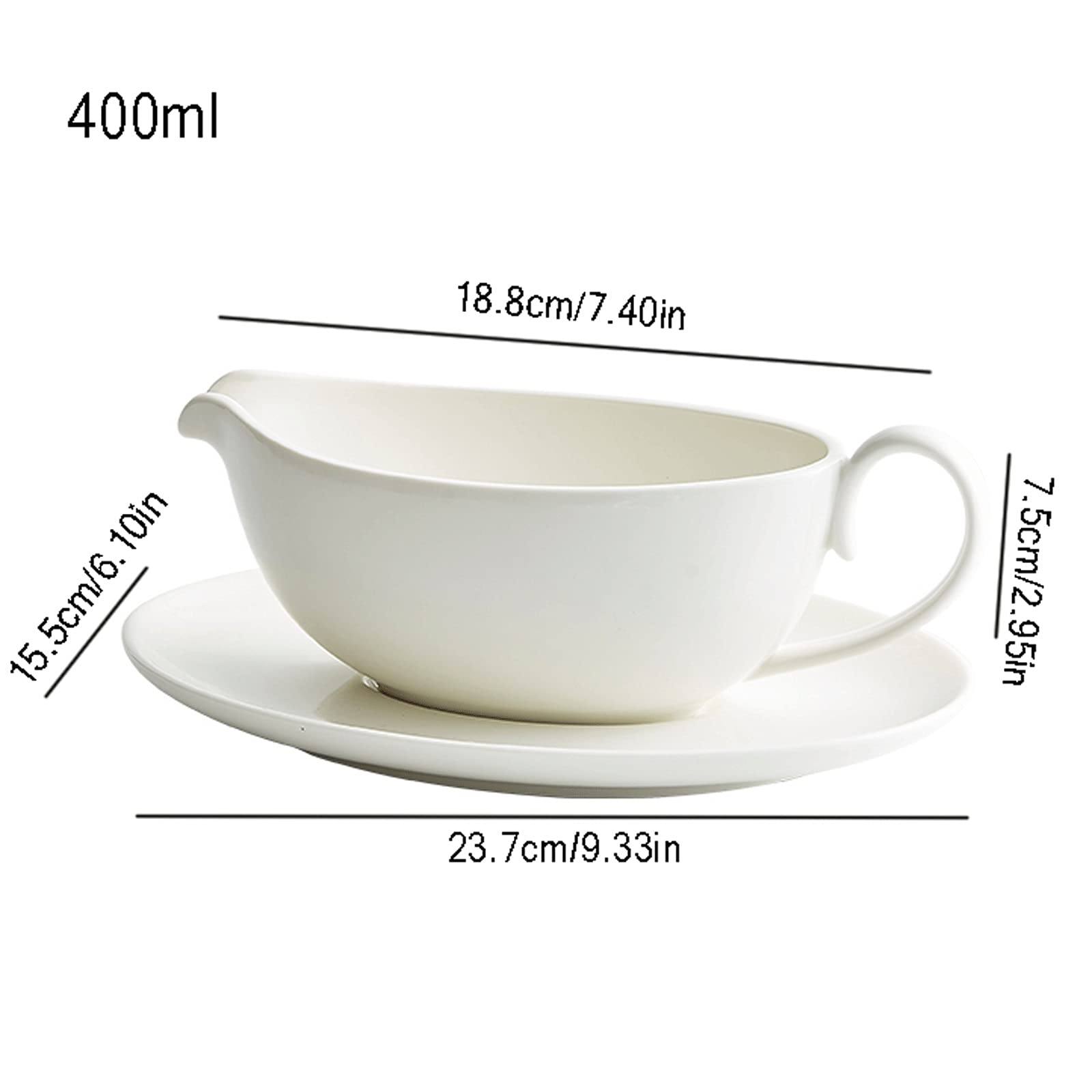 Sahnekännchen, Sahnekännchen, Sauciere aus weißem Porzellan mit Tablett, Hochtemperatur-glasierte Keramik, Soßenuntertasse, handgefertigt, nützlich, praktisch, Gourmet-Soßentopf, 400 ml, Milchkännchen
