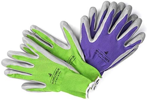 WILDFLOWER Tools Gardening Gloves for Women and Men - Nitrile Coating for Protection (Small, Purple Pair/Green Pair with White Cuff Hem)