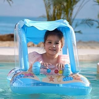 عوامة اطفال قابلة للنفخ مع مظلة واقية من الشمس - تصميم نجوم ملونة وسلسلة لعبة (ازرق)