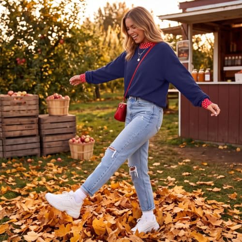 Womens Mock Neck Sweatshirt Scalloped Edge Patchwork Polka Dot Sweatshirt - image 8