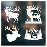 (4 Pcs) Deer Elk Silhouette White Vinyl Decal Sticker Set Wildlife Hunting Nature Forest Mountain Design Car Truck Bumper Laptop Window Decoration Waterproof Durable 5 Inches (White)