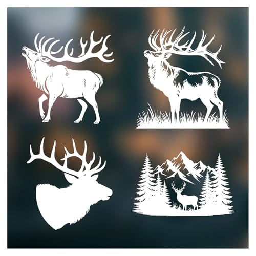 (4 Pcs) Deer Elk Silhouette White Vinyl Decal Sticker Set Wildlife Hunting Nature Forest Mountain Design Car Truck Bumper Laptop Window Decoration Waterproof Durable 5 Inches (White)