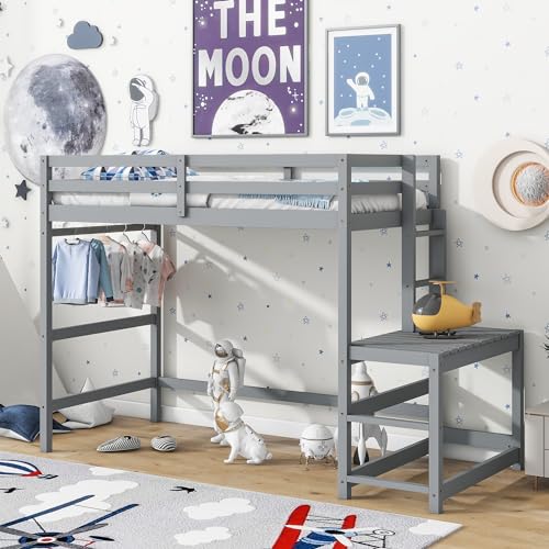 Twin Size High Loft Bed for Kids with Safety Guardrails, Solid Wood Loft Bed Frame with Ladder landing Platform and Ladder, Loft Bed for Teens, Girls, Boys, Space Saving, Easy Assembly (White)