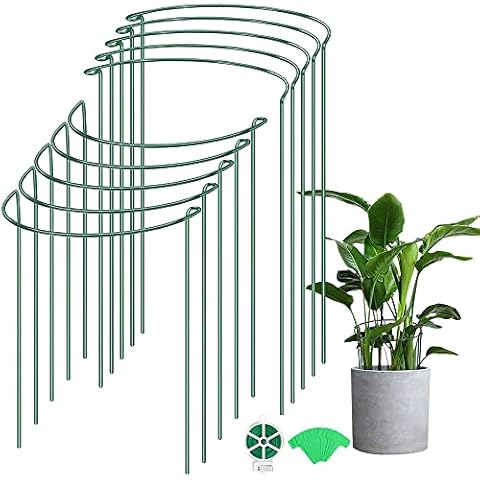10 Pack Plant Support Stake, Metal Garden Plant Stake with Planting Label & 164 Feet Garden Twist Tie, Plant Cage, Half Round Plant Support Ring for Tomato, Hydrangea, Vine 9.8" Wide x 15.8" High Cover
