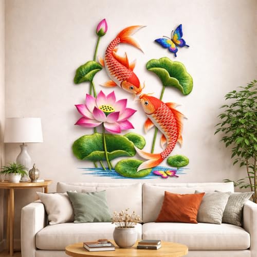 Image of Rangoli Koi Fish Wall Sticker 16 x 24 Inch Lotus Flower & Butterfly Design Self Adhesive Wall Decor for Living Room Bedroom Bathroom Nature Water Theme Wall Art