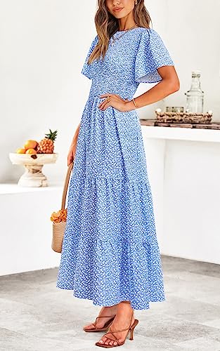 Image of PRETTYGARDEN Women's 2026 Summer Casual Flutter Short Sleeve Boho Floral Maxi Dress Crew Neck Smocked Tiered Long Dresses