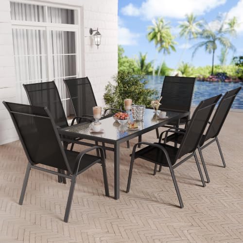Image of Betterhood Patio Chairs Set of 6, Stackable Outdoor Dining Chairs Set with Breathable Seat Fabric, All-Weather Powder-Coated Metal Frame for Pool Side, Backyard, 350LBS Capacity (Black, Set of 6)