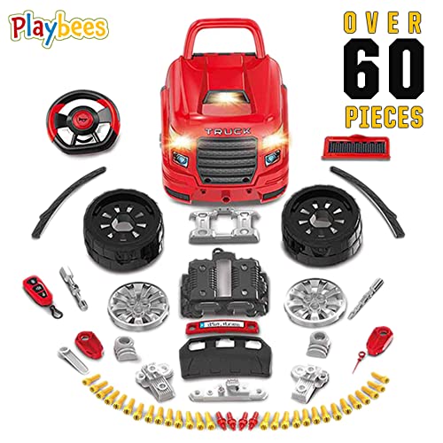 Playbees Red Truck Engine Repair Toy - 58 Piece Set - Lights And Sound For Toddlers And Children 3-8 Yrs, Large Mechanic Take Apart Toy, Motor Vehicle Builder Kit For Kids, Car Workshop Playset Gift #TOP3