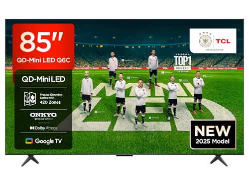 TCL 85 Zoll 85Q6C QLED Mini LED Fernseher, 4K HDR Premium, Dolby Vision IQ & Atmos, Onkyo 2.1, Smart Google TV, Game Master, 144Hz Motion Clarity Pro, AMD FreeSync Premium Pro, HDMI 2.1, AirPlay 2