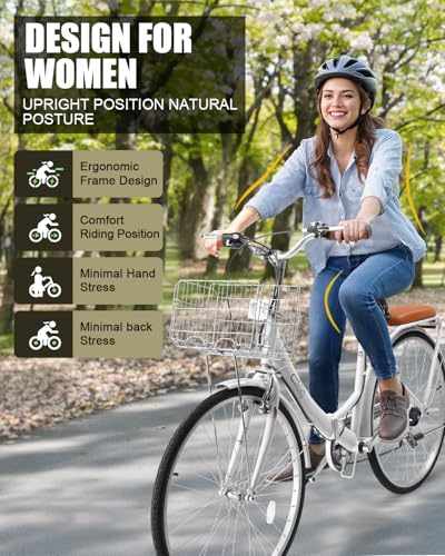 24/26 Inch Foldable Bike Folding Bicycle, 7 Speed Beach Cruiser Bike with Lock, Comfort Back Seat, Foldable Basket & Ergonomic Upright Frame, Cruiser Bicycle for Adults - Image 5