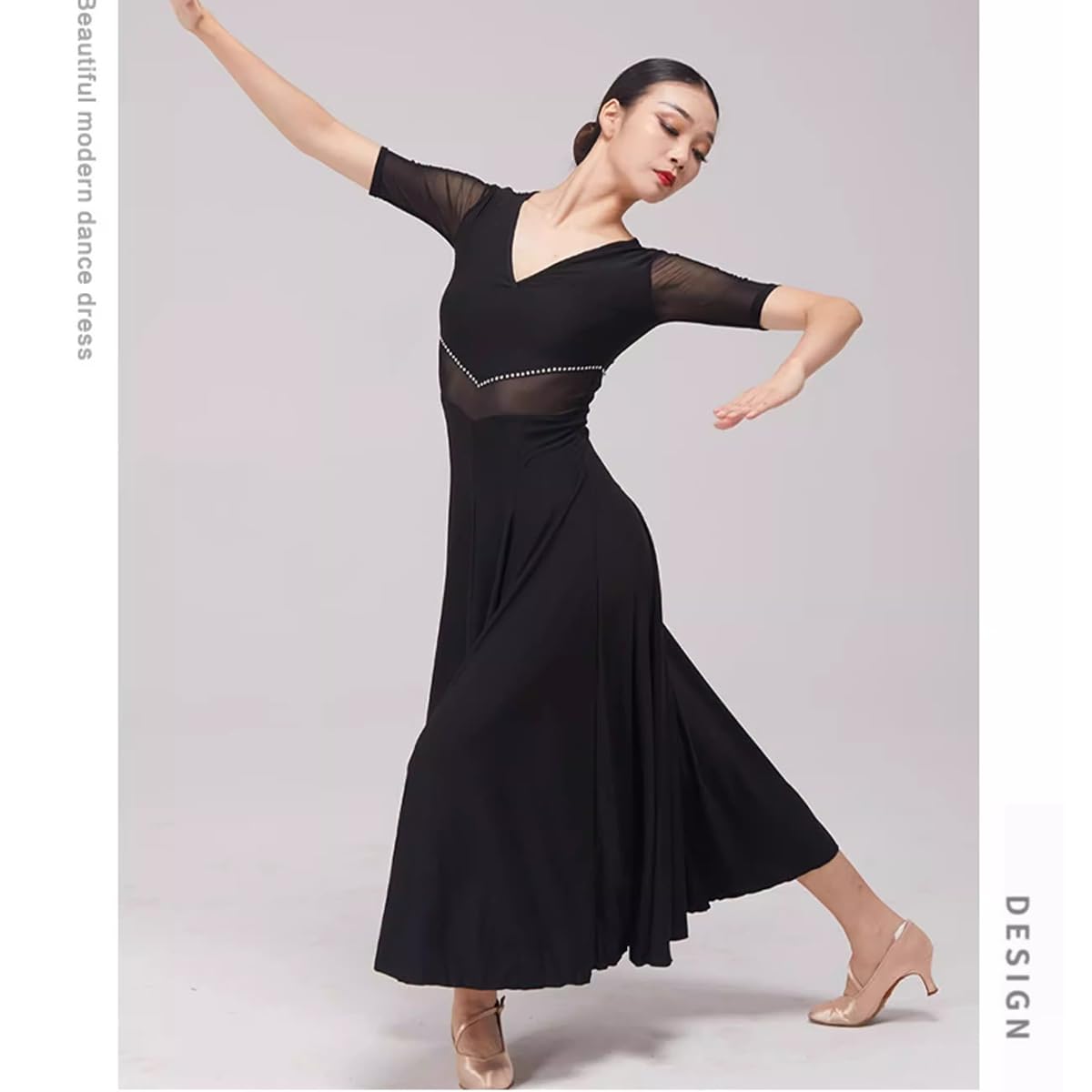 purpleq Vestido de Baile de salón para Mujer con Escote en V, Manga Corta, Malla combinada, Moderno, para vals y Flamenco, Ropa para Baile de graduación y Fiestas