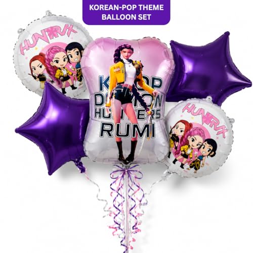Image of Wanna Party Korean Pop Theme Rumi Print Birthday Balloon Bouquet Set - 5PC Foil Balloon Decoration, Helium Supported for Kids Birthday, Music Theme Party, Cake Table & Photo Booth Decor