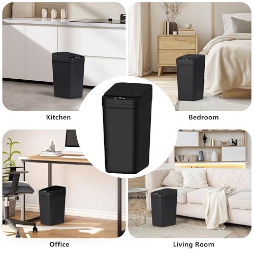 Image of jinligogo Touchless Trash Can, Motion Sensor Automatic Garbage Bin, Small Rectangular Wastebasket for Bathroom, Bedroom, Kitchen, Office - Hands Free (3p 2.6 Gallon Black)