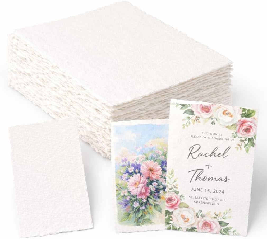 60 Sheets 160 GSM Deckled Edge Paper, 5 x 7 inch Textured Handmade Watercolor Paper, Ideal for Wedding Invitation, Watercolors, Cards, Crafts