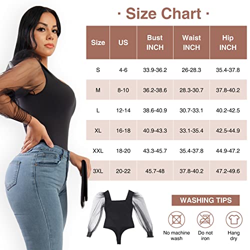 Feelingirl Women Sheer Mesh Puff Sleeve Thong Bodysuit Tops Shapewear For Women Tummy Control Bodysuit Black Xxl #TOP5