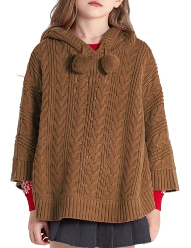 Image of BOBOYOYO Cape for Girls Hooded Cable Knit Poncho Sweaters Kids Shawl