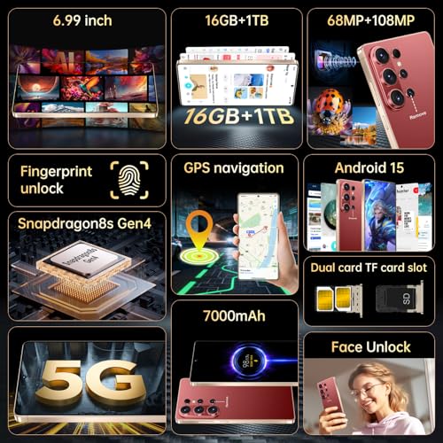 Image of SZV 26 Ultra Unlocked Cell Phone,16+1TB 5G Unlocked Phone, Built in Pen Android 15 Battery 7000mAh 6.99 inch HD Screen Smartphone, Dual SIM /Face ID /Fingerprint Lock /GPS (Wine Red, 16+1TB)