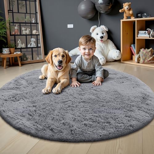 OLANLY Light Grey Round Rugs for Bedroom - Machine Washable, 6 ft Circle Area Rugs for Living Room, Soft and Fluffy Shaggy Carpet for Teen Girls and Boys, Nursery Rooms, Dorms, Home Decor Aesthetic