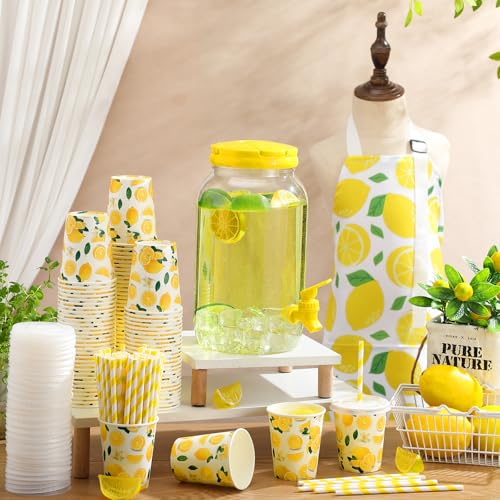 Image of Glitopper 204 Pcs Lemonade Stand Supplies Kids Include 1 Gallon Lemon Plastic Drink Dispenser Burlap Banner Lemonade Apron and 100 Paper Cups with Lids Straws for Summer Lemon Stand Birthday(Yellow)