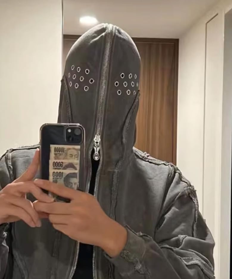 Men's Y2K Gothic Zip Up Hoodies Trendy Grinding Edge Masked Hoodies Hip-Hop Washed Jacket3