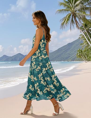 Image of YESNO Summer Bohemian Floral Dresses for Women Spaghetti Straps Maxi Dress Casual Flowy Dresses with Pockets ES0
