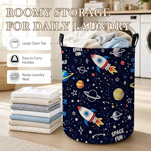 Image of Laundry Hamper, Rocket Space Collapsible Planet Stars Laundry Baskets Waterproof Oxford Cloth With Handles, Clothes Storage Bucket For Bathroom /Bedroom 16 inch x 20.8 inch