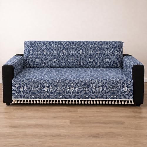 Image of House of Quirk IKATRA Series Quilted Printed Sofa Cover for Indian Sofa Set with Side Pocket - Premium Washable, Anti-Slip, Durable & Ultra Soft Fabric Protector (Blue Bohemian, Two Seater)
