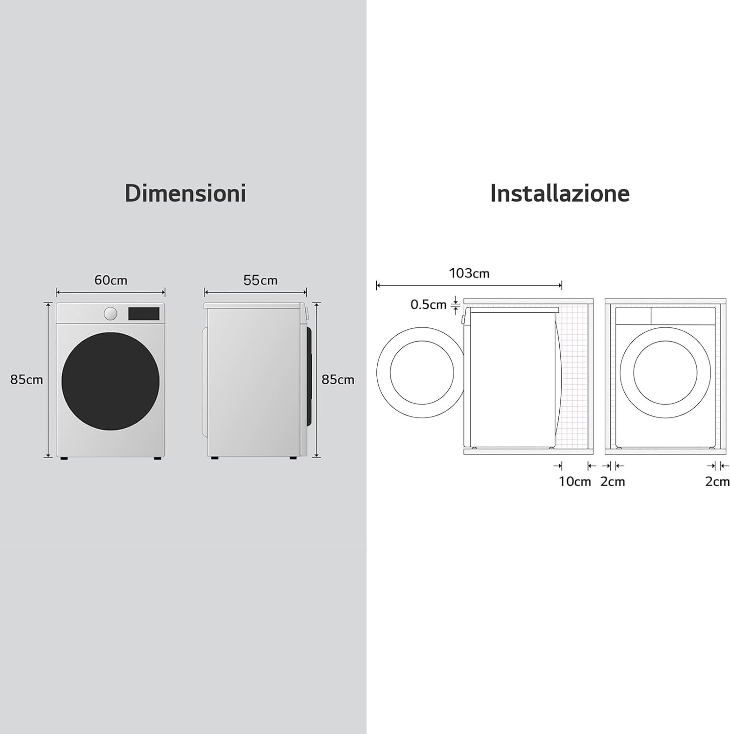 Diagram showing washing machine dimensions and installation clearances