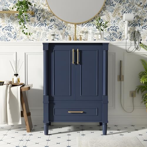 Merax French Country 24" Bathroom Vanity with Sink, Powder Room Small Bathroom Storage Cabinet with 2 Soft-Close Doors and 1 Drawer, Adjustable Shelf, Ceramic Sink, Solid Wood Frame, Painted Finish