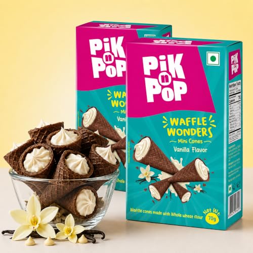Image of Pik n Pop Vanilla Mini Waffle Cones 70g (Pack of 2) | Crispy Cones with Creamy Vanilla Filling | Whole Wheat | Non-Meltable Ready-to-Eat Snack | 100% Eggless