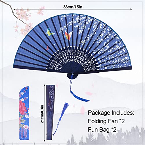 2 Stück Faltfächer mit Fransen aus Seide, Handfächer, tragbar, 21 x 38 cm, faltbar, für Fächer Hochzeit, Tanz etc. (Jahr- Blue2)-2