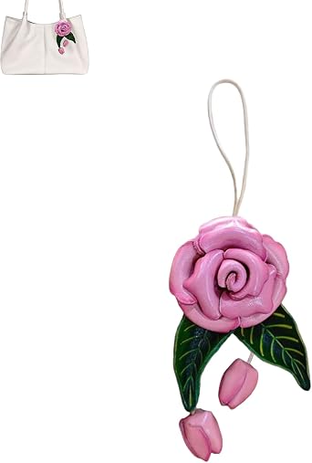 Handcrafted Leather Leaf Flower Bag Charm, Boho Accessories Leather Rose Flowers Key chain Purse Pendant Charms