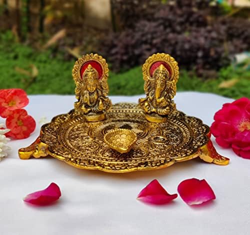 Aluminium Golden Color Plated Laxmi Ganesha Idol with Platter Plate for Puja Diwali Gift Items Deepawali Decorations Indian Dhanteras Pooja Statue Thali