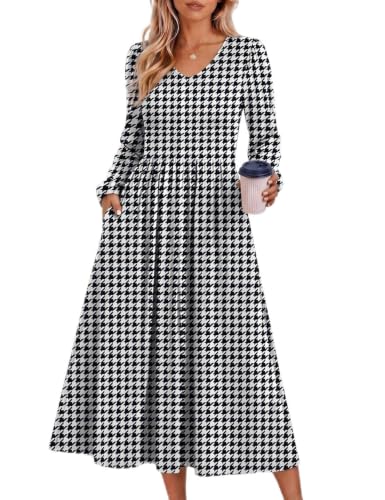 Zeagoo Fall Dresses Casual Office Houndstooth V-Neck Long Sleeve for Women