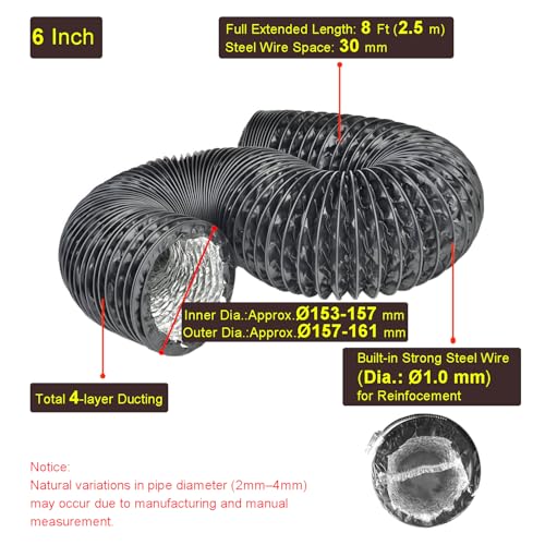 LOOTICH PVC Alu Flexrohr Ø153mm Länge 2.5m Abluftschlauch Flexibel Luftleitungen Rohr Flexschlauch für Badezimmer Küche Hydroponik HVAC Lüftung 2 Stück Schlauchschelle Edelstahl Schwarz